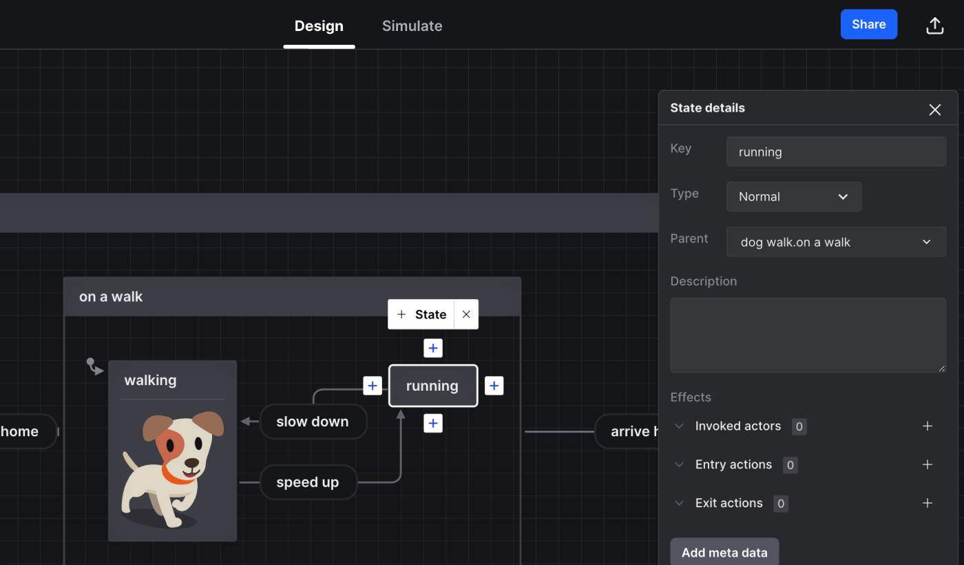 A dog walk machine open in Stately Studio’s editor in Edit mode. The running state is selected, with the right panel showing options for a state.